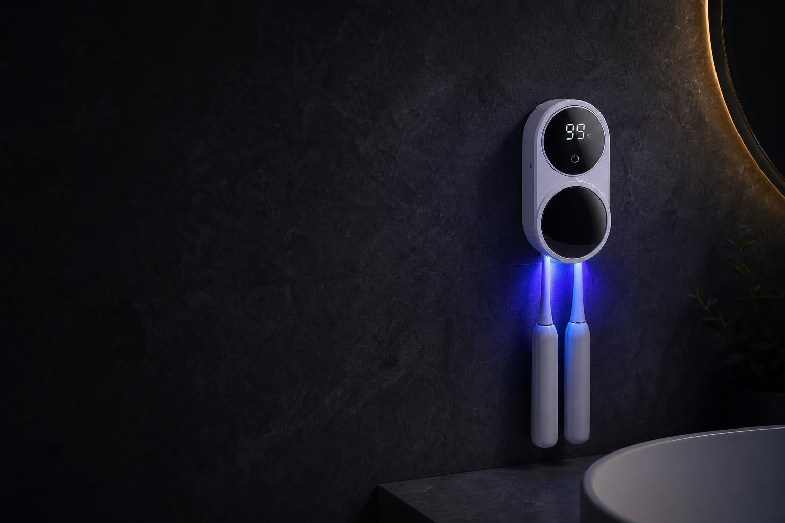 BrushHalo glowing on a dark bathroom wall