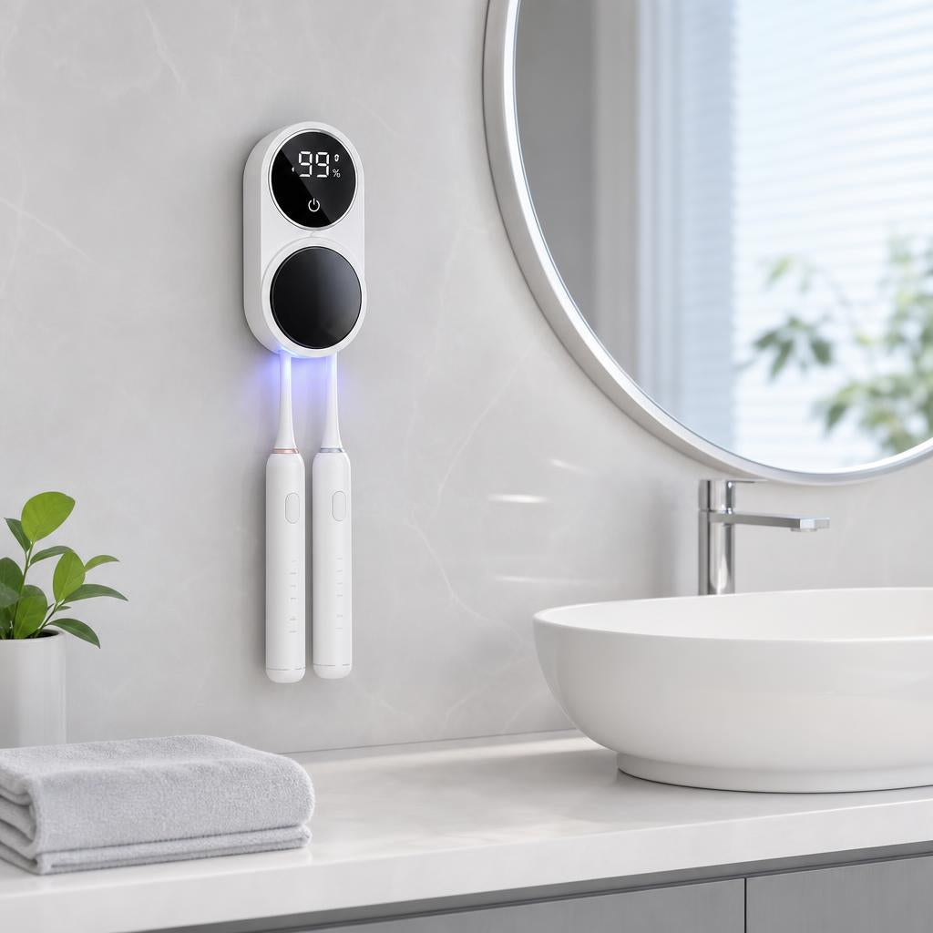 BrushHalo mounted in a modern bathroom above the sink